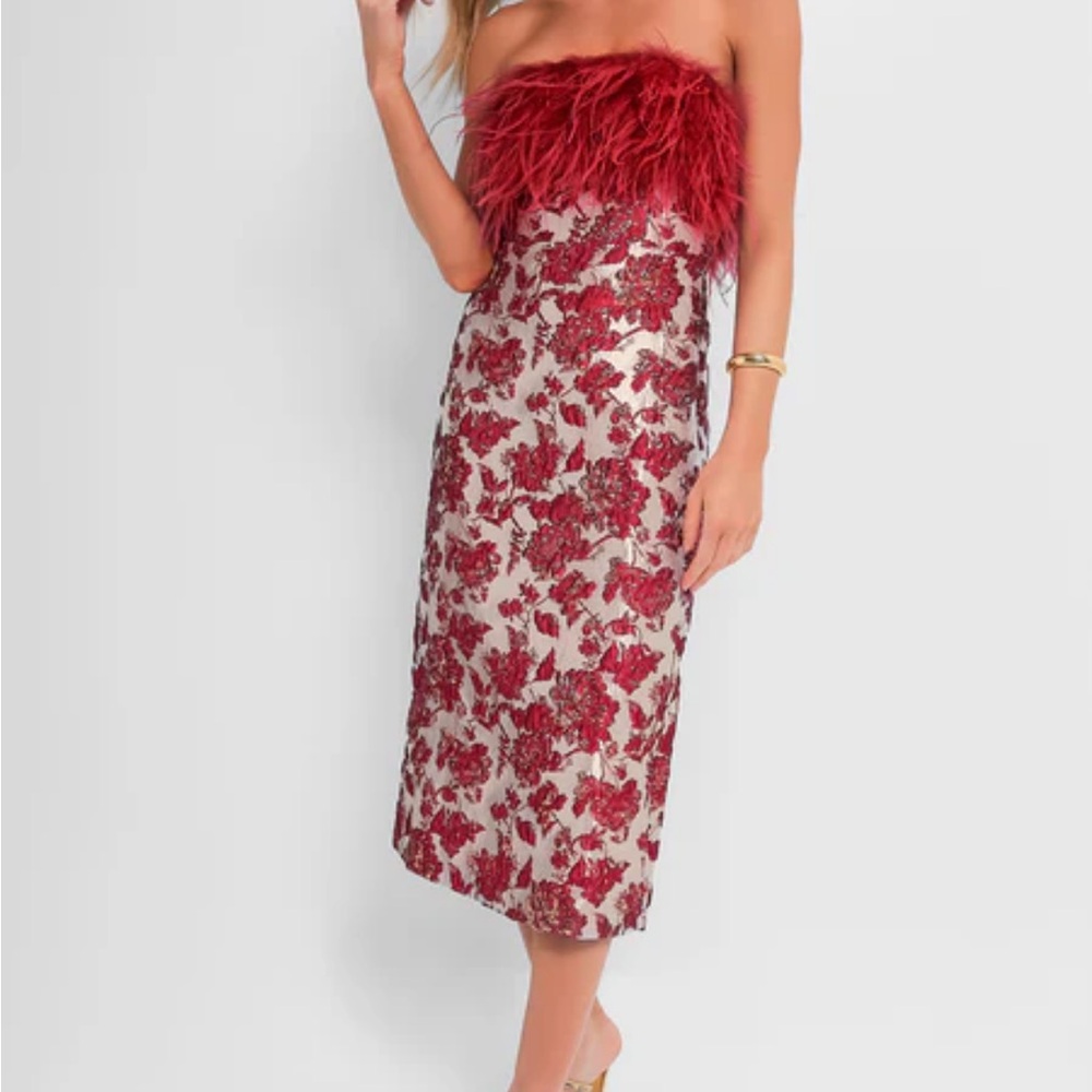 Hyacinth House Red Jacquard Feathered Reina Maxi Dress NWT